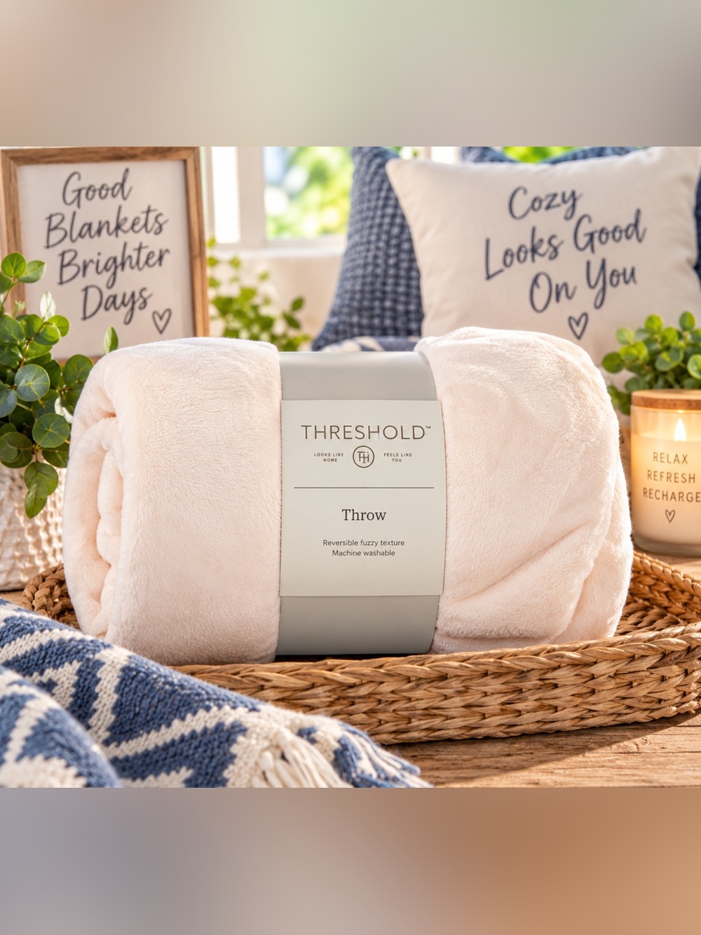 NEW Threshold Reversible Fuzzy Plush Throw Blanket Ivory Cream